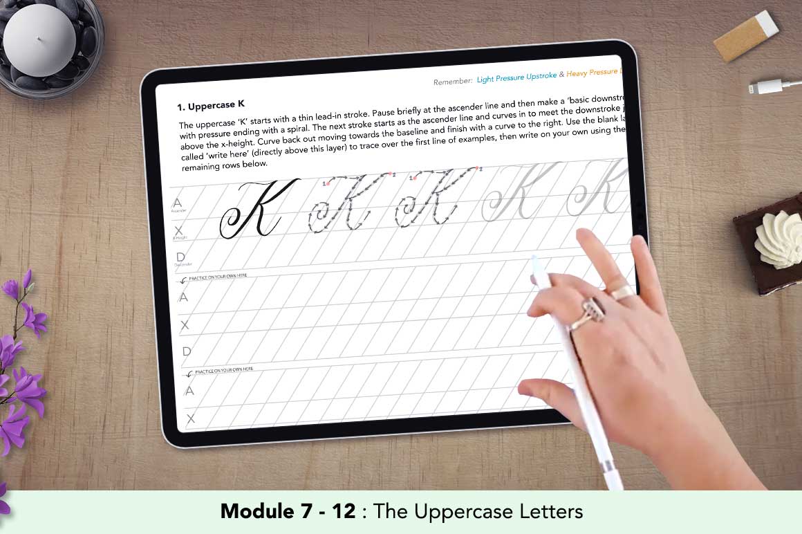 Intermediate Level 1: Copperplate Uppercase Calligraphy Alphabet Worksheet  With Stroke Guidelines and Additional Practice Sheet 