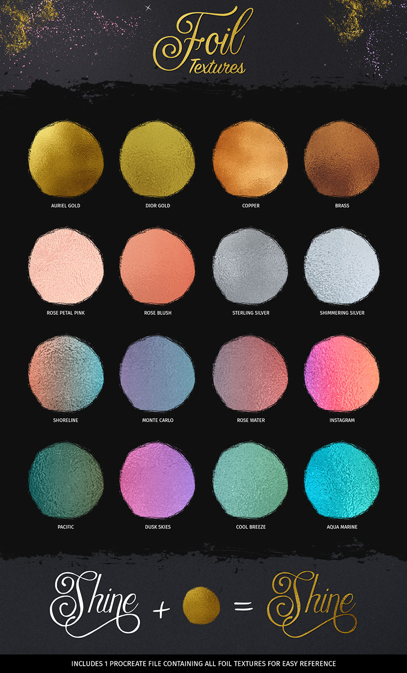 Foil Textures for Procreate including gold foil, rose, silver, aqua and copper