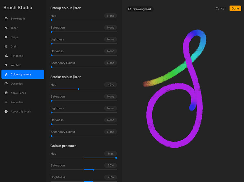 Brush Studio in Procreate 5 - create a color dynamic brush