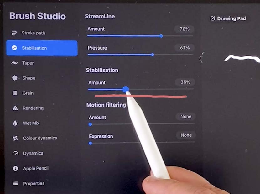 Procreate 5.2 Brush Studio Brush Stabilization