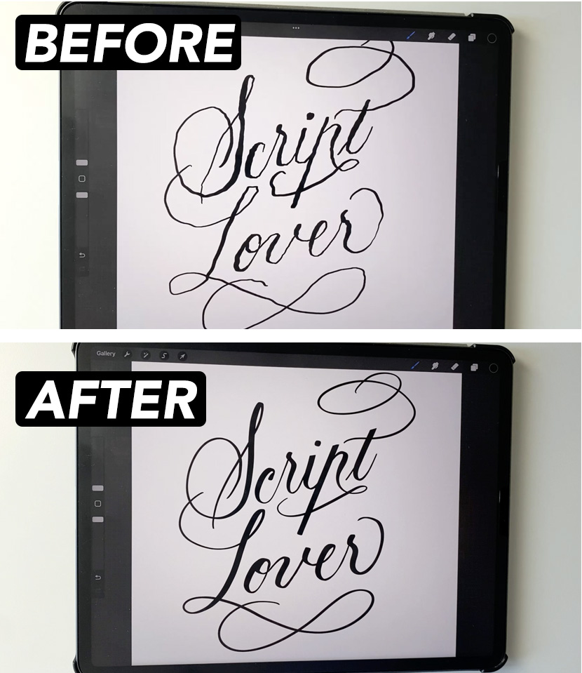 Smooth Strokes in Procreate - before and after streamline
