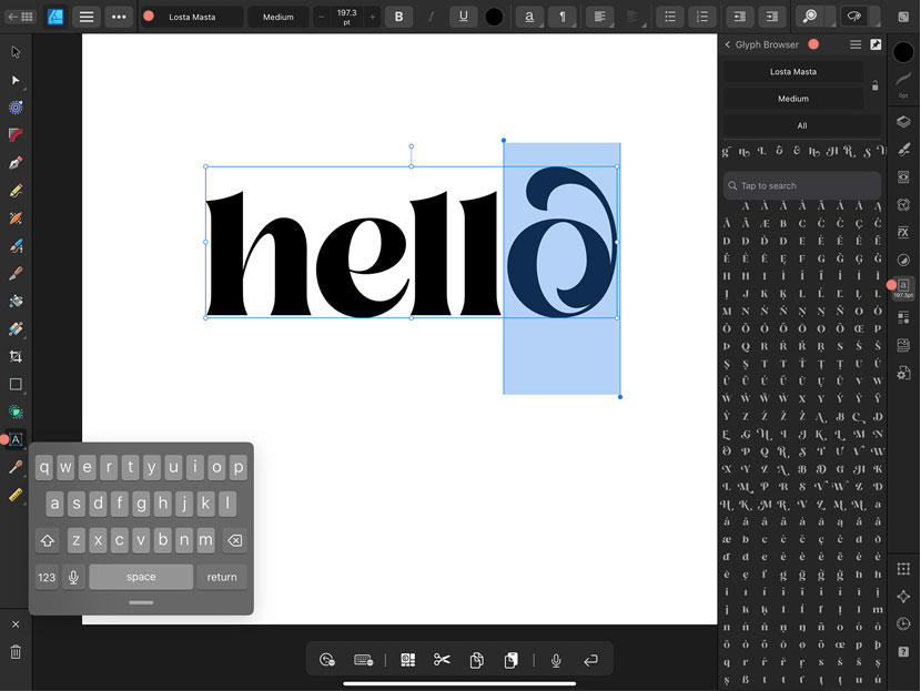 Affinity Designer iPad 2.5 - Glyphs Browser - Text