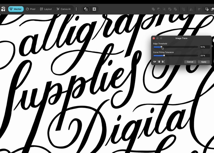 Affinity Studio - Image Trace convert procreate lettering vector
